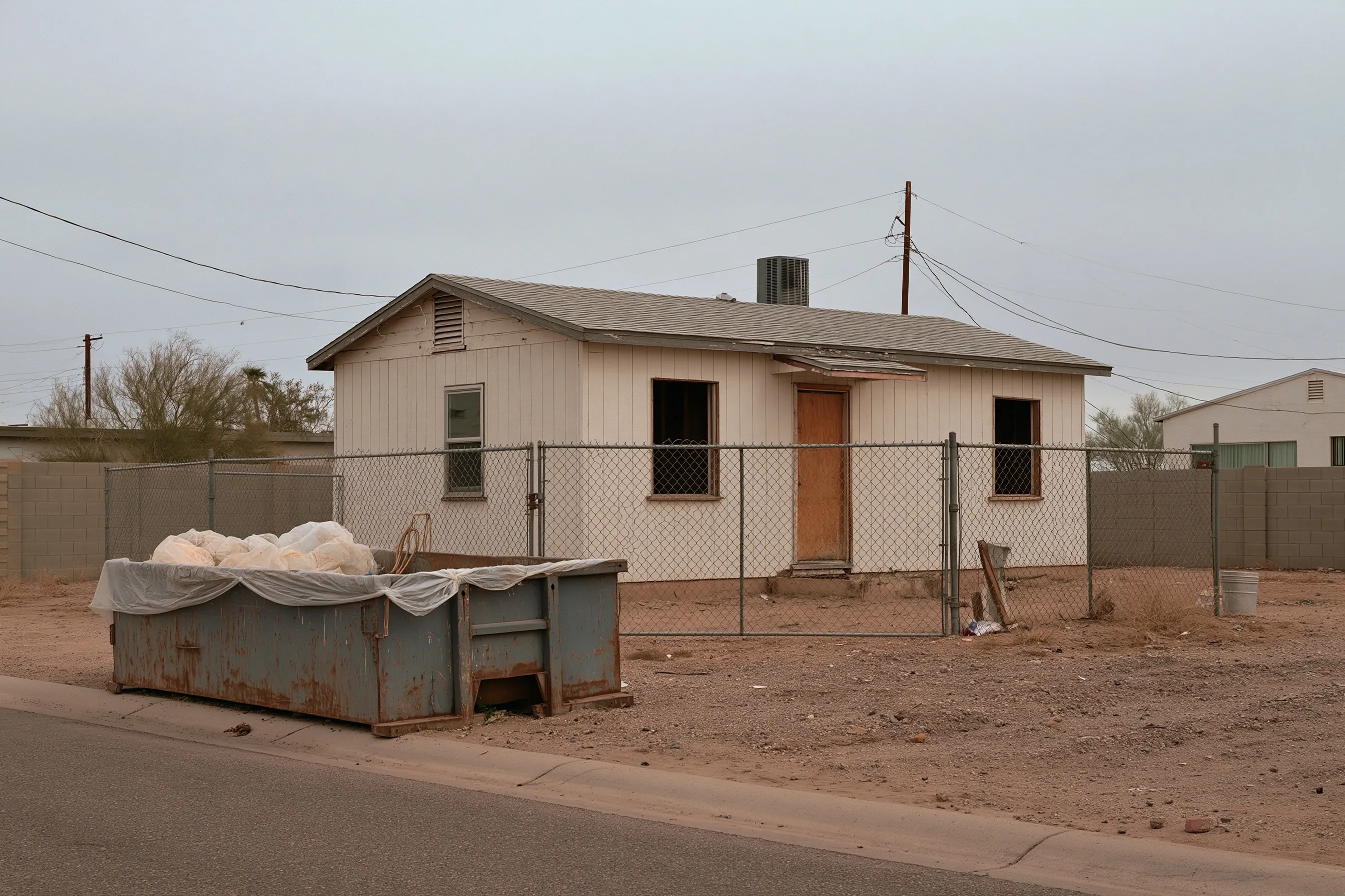 Older house prepared for demolition with fencing and containment