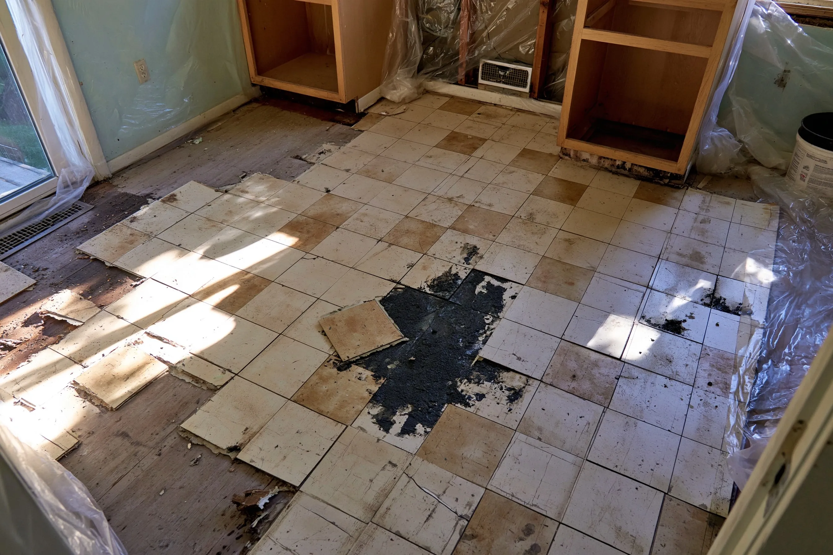 Older 9-inch vinyl floor tiles and black mastic partly exposed in a kitchen